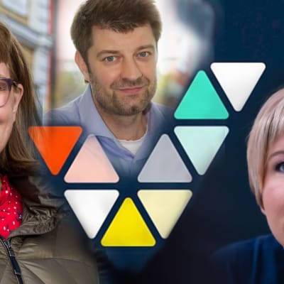 Tre personer infällade över en Veikkaus-logotyp. 