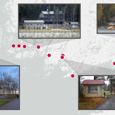 Foton på olika fastigheter ovanpå en karta av Finlands sydkust.