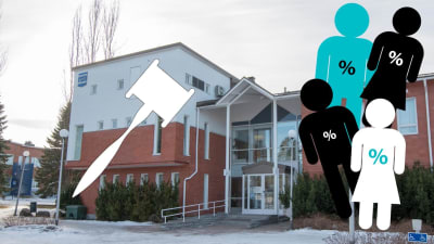 Ett bildcollage av en byggnad och ovanpå det en grafisk bild av en ordförandeklubba samt grafiska personfigurer med procenttecken på sina magar.