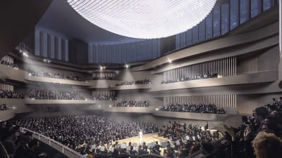 En animation av hur konsertsalen i Åbo musikhus kommer att se ut.