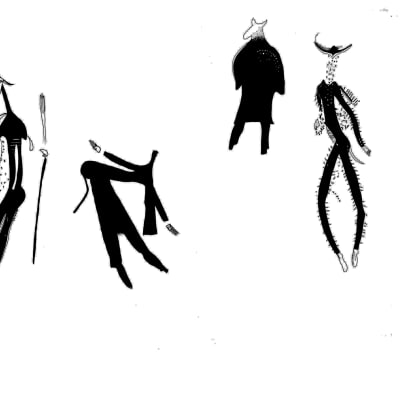 Piirros kalliotaiteen yksityiskohdasta, jossa on alkuhärkä ja neljä hahmoa, osittain eläimiä, osittain ihmisiä.