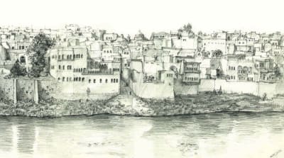 Teckning av vyy över Mosuls gamla stad vid Tigris strand av arkitekt Amer Alazawi