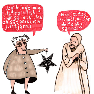 Två personen snackar om en upp och ner vänd satanistisk julstjärna