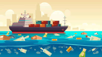 Plastavfall som flyter i Stilla havet, samt ett containerfartyg.