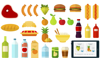 En grafisk bild som föreställer olika matvaror. 