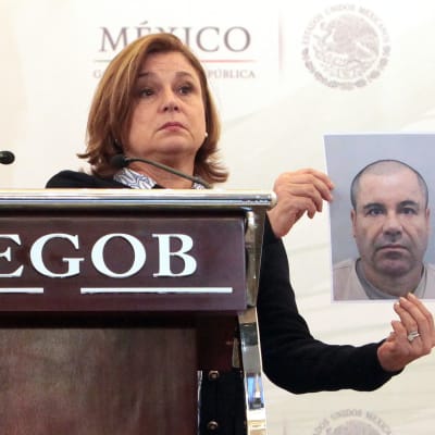 Mexikos högsta åklagare Arely Gomez visar upp ett foto på Joaquin "El Chapo" Guzman den 13 juli 2015.