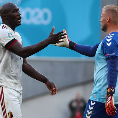 Belgiens anfallsstjärna Romelu Lukaku och Danmarks målvakt Kasper Schemeichel tackar varandra efter gruppspelsmatchen i Köpenhamn.