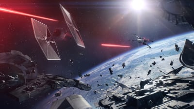 Bild från spelet Star Wars: Battlefront II som avbildar en rymdstrid mellan olika rymdskepp