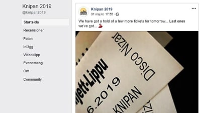 En skärmdump som visar sommarrestaurang Knipans inlägg på Facebook om biljetter till studentfesten 1.6.2019