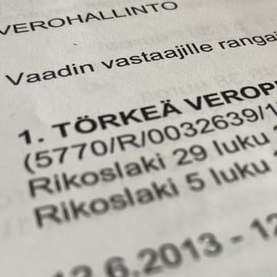 Haastehakemuksen tekstiä ”törkeä veropetos” otsikon alla.