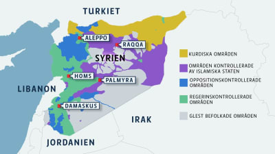 Kartan visar vem som kontrollerar vad i Syrien. Källa: IHS Conflict Monitor (läget den 12 december 2016) och The New York Times