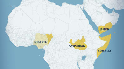 Karta över Nigeria, Sydsudan, Somalia och Jemen.