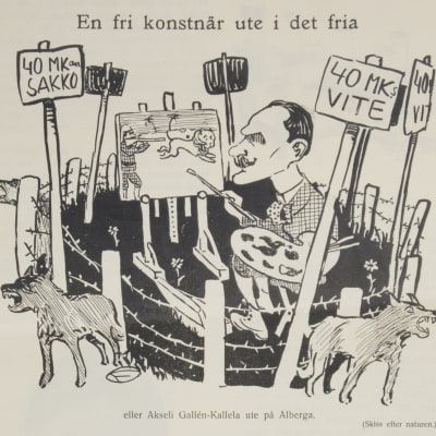 En fri konstnär ute i det fria - eller Akseli Gallen-Kallela ute på Alberga. Karikatyr i tidskriften Fyren 32/1914 1914