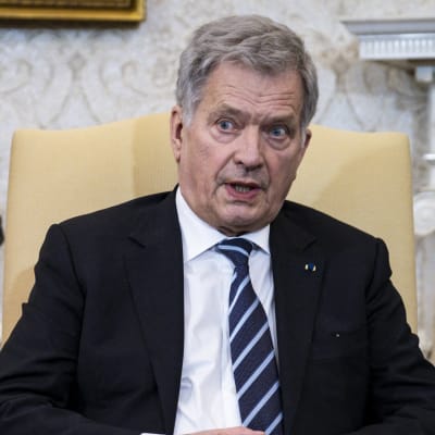 Sauli Niinistö sitter på en stol och pratar. I förgrunden blommor.