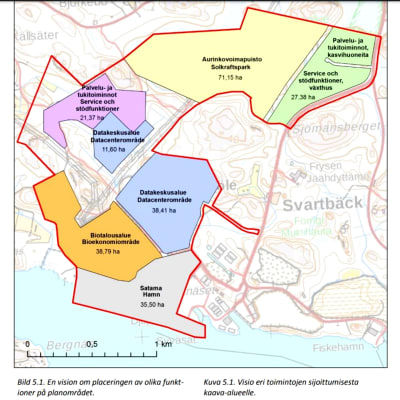 En karta som visar vilka verksamheter som enligt planerna ska få plats Fortums område i Joddböle i Ingå.