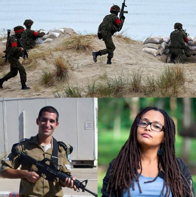 Ett collage, soldater springer på en strand. Nedan tre porträtt på värnpliktiga.