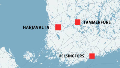 Kartan visar att Harjavalta ligger nära kusten sydväst om Tammerfors.