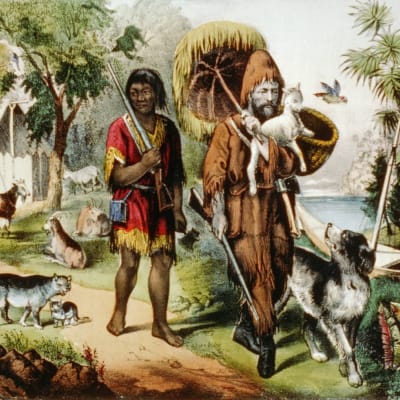 En handkolorerad litografi som föeställer Robinson Crusoe och Fredag, ca 1874.