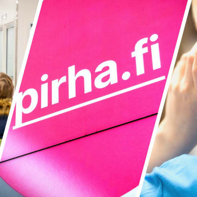 Kolmen kuvan kollaasi, jossa ensimmäisessä kuvassa istuu ihmisiä sairaalan odotushuoneessa, keskimmäisessä lukee pinkillä pohjalla "pirha.fi" ja viimeisimmässä sairaanhoitaja pitää puhelinta korvallaan.