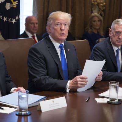 Donald Trump sitter mellan Rex Tillerson och James Mattis i Vita huset.