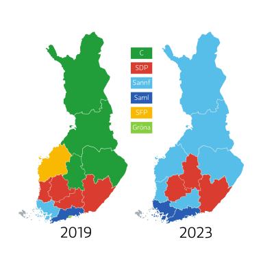 En karta över valkretsarna i valet 2019 och 2023, färgad enligt parti. Centern och Socialdemokraterna var störst i fyra valkretsar 2019, men 2023 är det Sannfinländarna som dominerar.