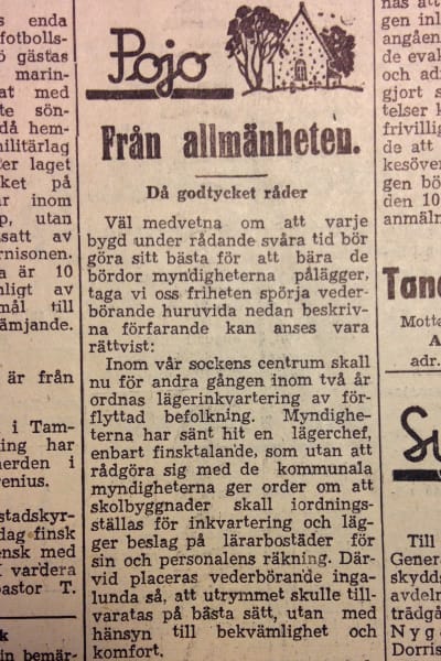Artikel i tidningen Västra Nyland från den 2 september 1944.