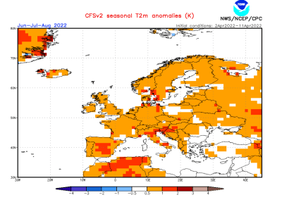 NOAA:s karta över sommarens temperaturer i Europa.