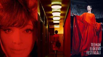 Kolmen punaisen elokuvan stillkuvan kollaasi, kuvassa leima Teeman elokuvafestivaali