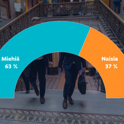 Graafi näyttää, että 63 % Säätytalolla neuvottelevista poliitikoista on miehiä.