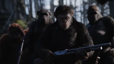 Caesar (Andy Serkis) står med ett vapen i hand och de andra aporna står bakom honom.