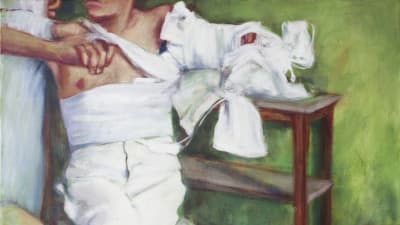 målning av en ung man med mellangärdet och högra armen inlindade i vita bandage och bar överkropp. av ansiktet syns bara hakan