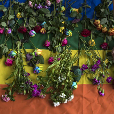 Ihmiset laskivat kukkia sateenkaarilipulle Tšetšenian seksuaalivähemmistöjä puolustaneessa mielenosoituksessa Lontoossa 2017. 