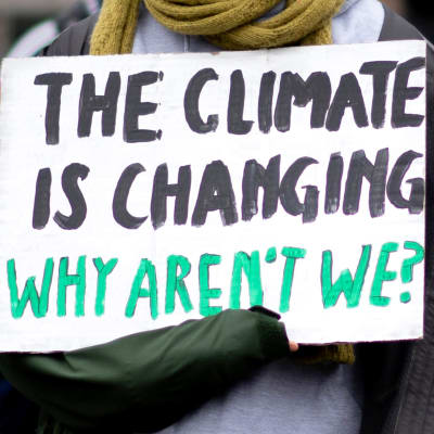 Collage med tre bilder. Till vänster en bil som kör förbi en bilstation, i mitten en klimataktivist som protesterar och håller i en skylt där det står "The climate is changing, why aren't we?" och till höger avskogning.