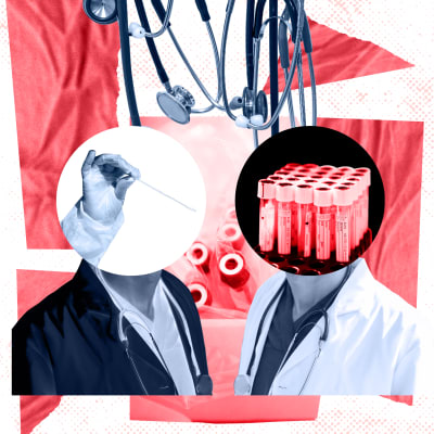 Bildsättning med två läkare som är varandras spegelbilder. Den ena har en svart cirkel framför huvudet, med provrör och den andra har en vit cirkel framför huvudet med provstickor för covidtest. 