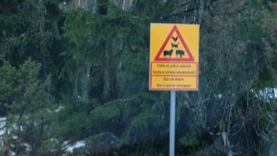 en hemgjord trafikskylt varnar för att det finns många djur på gården. "Djur på gården, men ingen är överlopps"