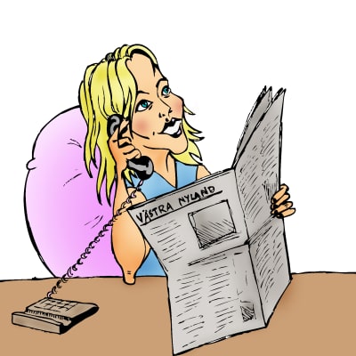 Kvinna ringer och läser tidning