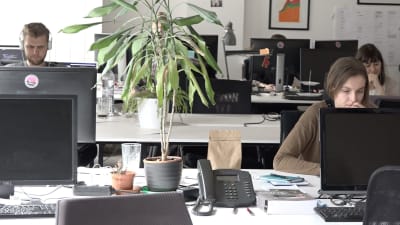 Arbetstagare på ett coworkingkontor i Riga sitter försjunkna i sitt arbete.