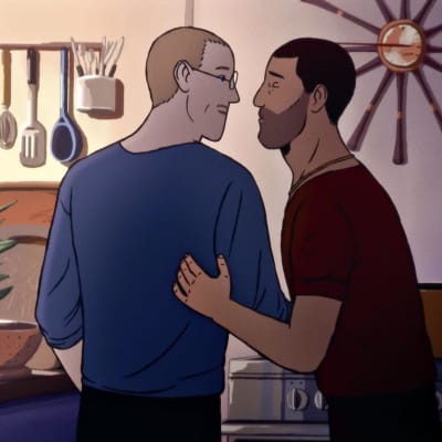En bild från den danska animerade filmen flugt. Två män står i ett kök i beråd att kyssas.
