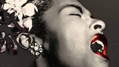 Svartvit närbild på Billie Holiday från planschen till filmen Billie.