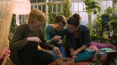 Bella, Kim och Momo sitter på golvet i ett växthus och planterar ett frö i en kruka.