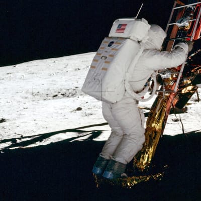 Edvin "Buzz" Aldrin astumassa Kuun kamaralle.