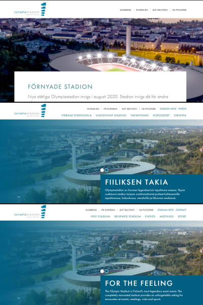 Skrämdumpar på Olympiastadions finska, engelska och svenska webbsidor. Den svenska ser väldigt annorlunda ut än de två andra. 