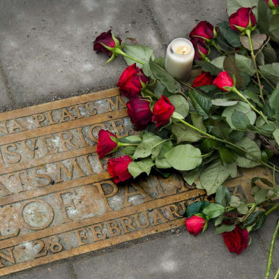 Blommor vid en minnesplakett över Olof Palme