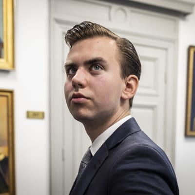Aatu Puisto katselee yläviistoon. Taustalla on maalauksia. 