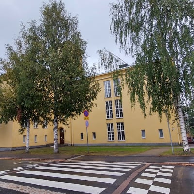 Vaalea koulurakennus, jonka edessä kasvaa koivuja.