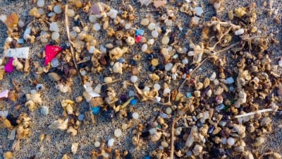 Bitar av mikroplast på en strand.