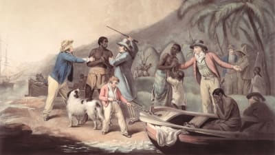 En målning som föreställer hur vita slavägare slår en svart slav.