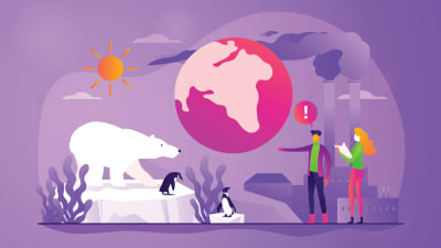 Illustration som beskriver klimatförändringen, med planeten, en isbjörn, två människor som diskuterar, solen och två skorstenar.