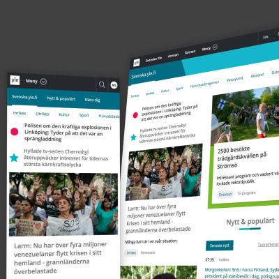 Skärmdumpar av svenska.yle.fi på mobil, tablet och desktop