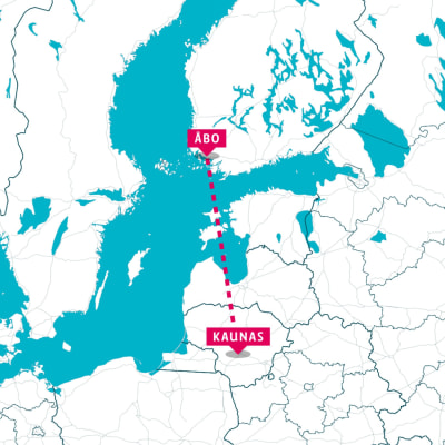 En karta som visar en streckad från Åbo till Kaunas i Litauen.